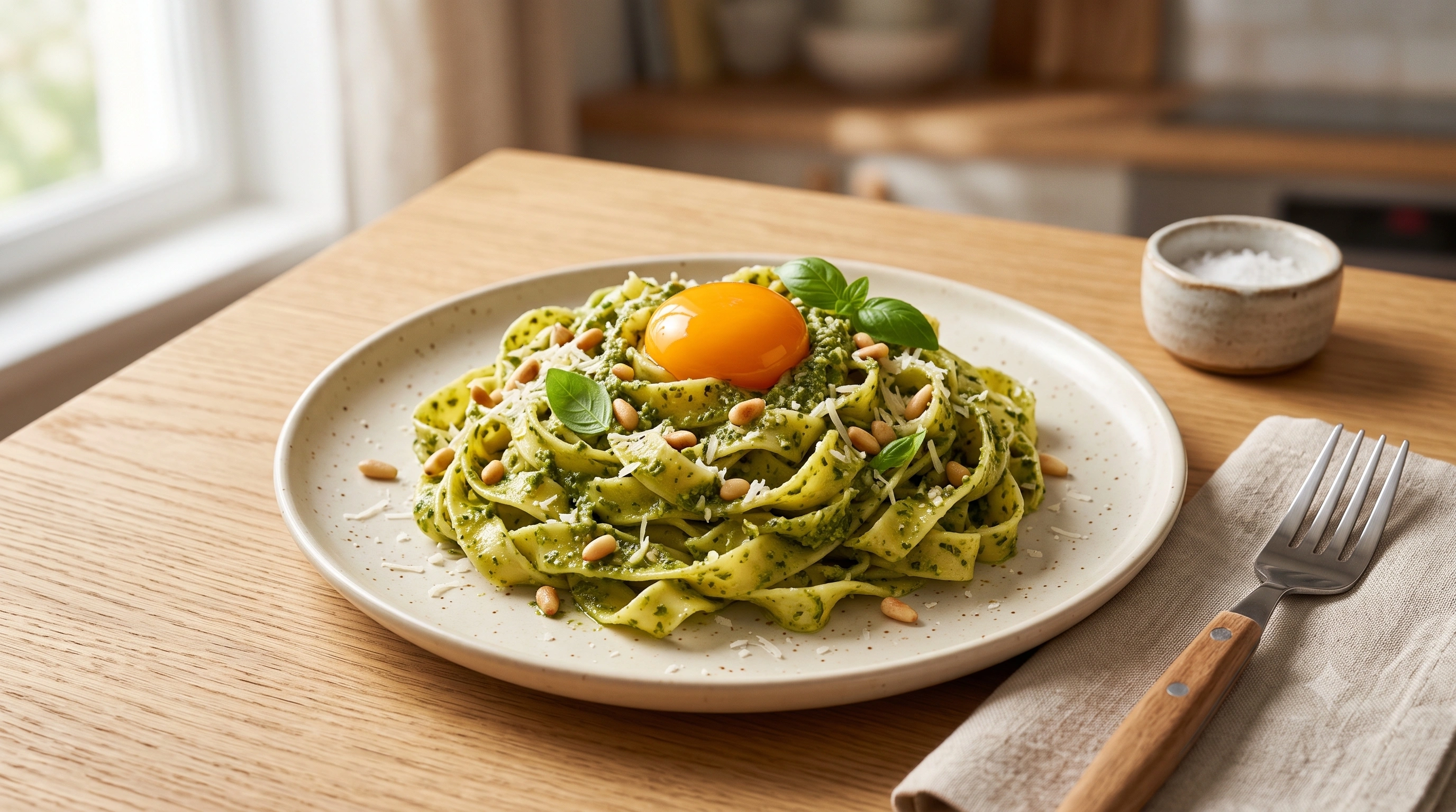 Tagliatelle s pestom od bosiljka, pinjolima i parmezanom